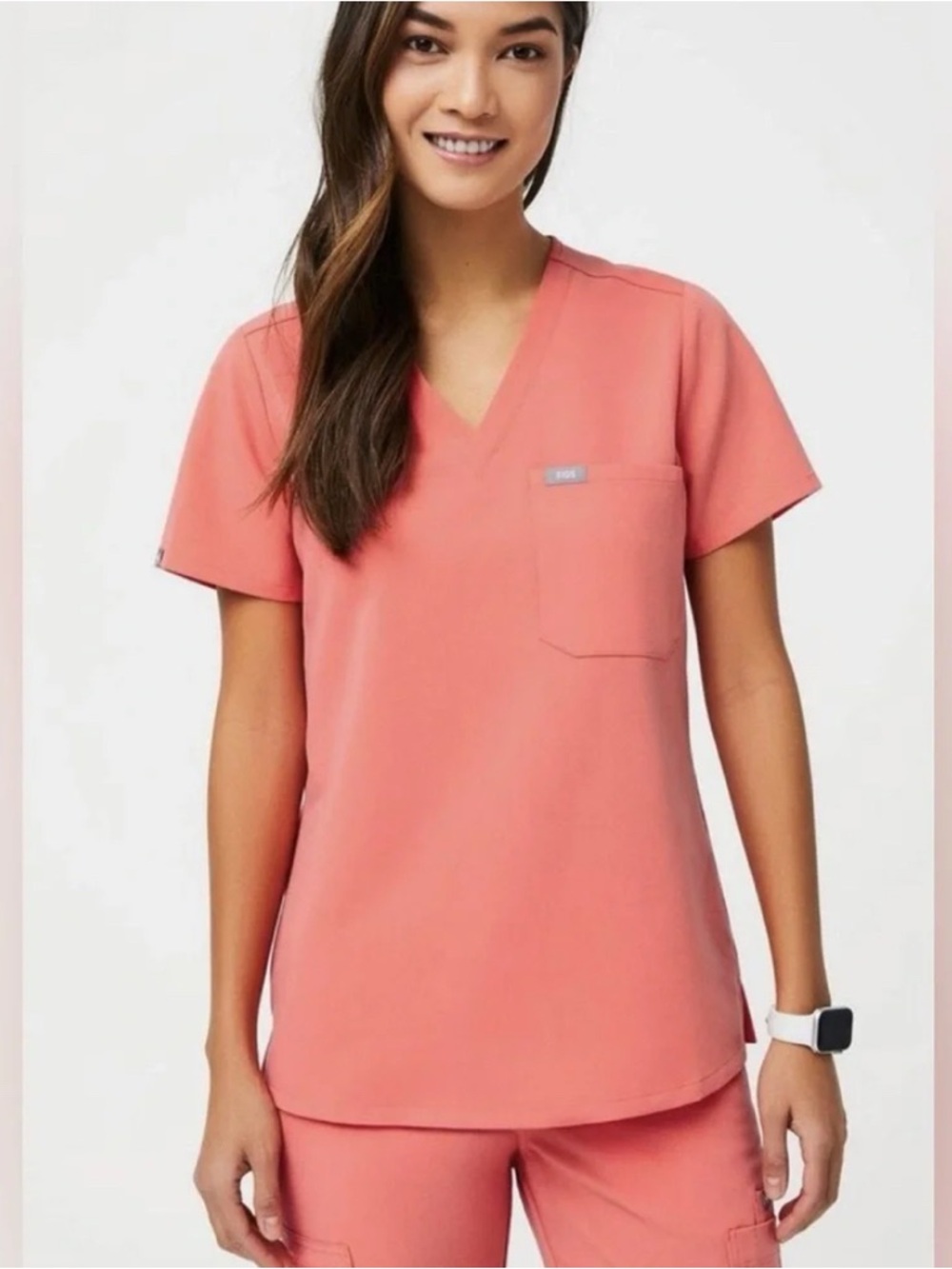 Figs Caterina One Pocket Scrub Top in Hot Coral Sz XXS